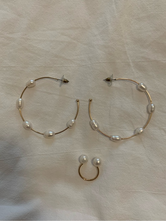 Jewelry - Gold tone Hoop Earrings and ring Set with White freshwater Pearls